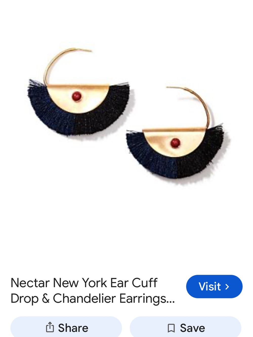 Gold Half-Moon Hoop Earrings with Navy Fringe and Red Accent
